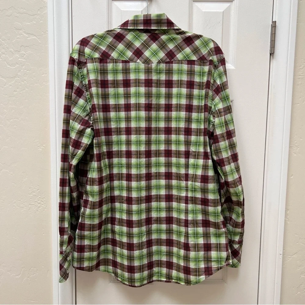 Banana Republic Green Brown Plaid Western Pearl Snap Shirt Boho Cowboy Grunge